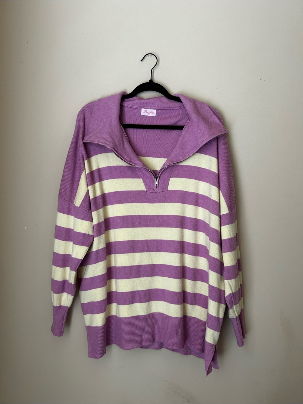 Pink Lily Lavender and Cream Striped Half-Zip Turtleneck Sweater